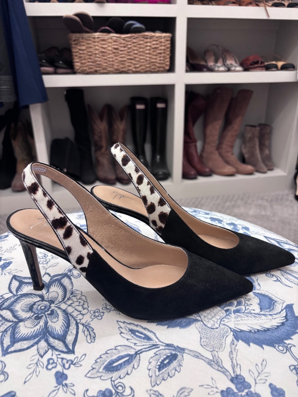 Giuseppe Zanotti, black suede & cheetah, slingback pumps, size 37.5.